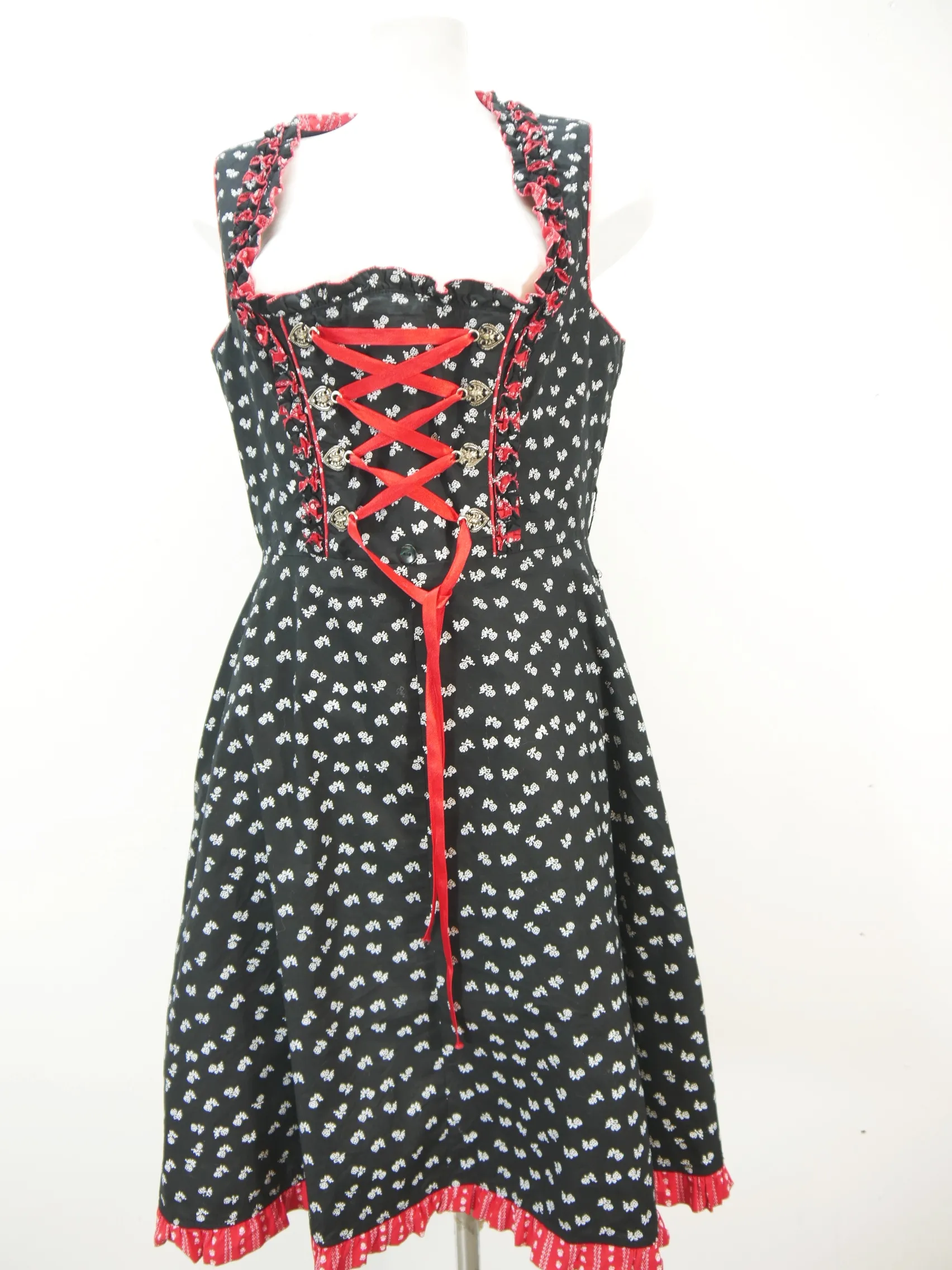 Almenrausch schwarz Balkonett mit Froschmaulborte tolle Dirndl mit Schürze Gr.44