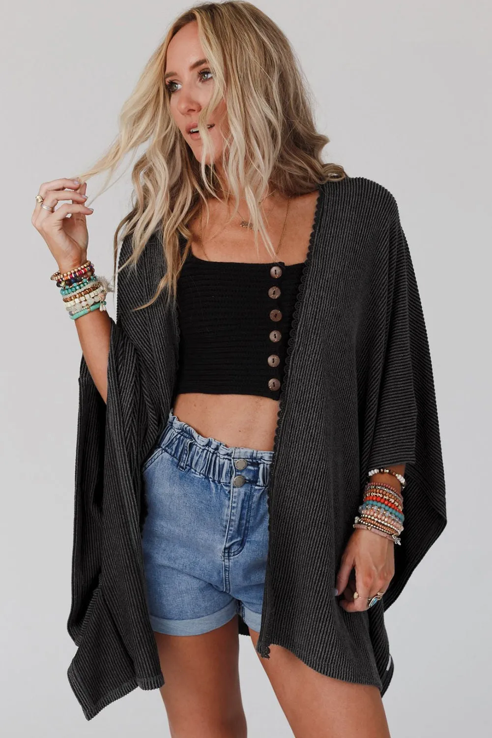 Aprikosenstrukturiertes Spitzenbesatz Offene Front Kimono Cardigan