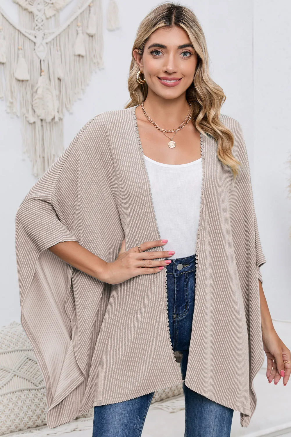 Aprikosenstrukturiertes Spitzenbesatz Offene Front Kimono Cardigan