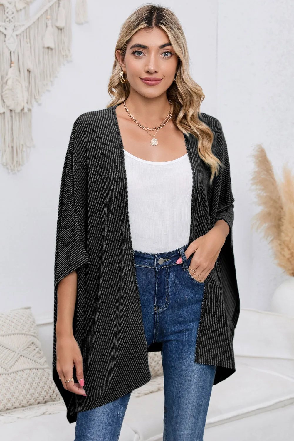 Aprikosenstrukturiertes Spitzenbesatz Offene Front Kimono Cardigan