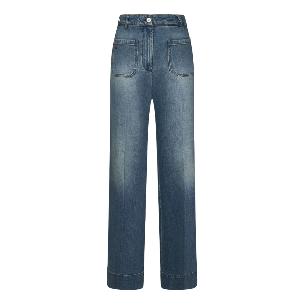 Blaue High Waist Jeans mit rotem Logo