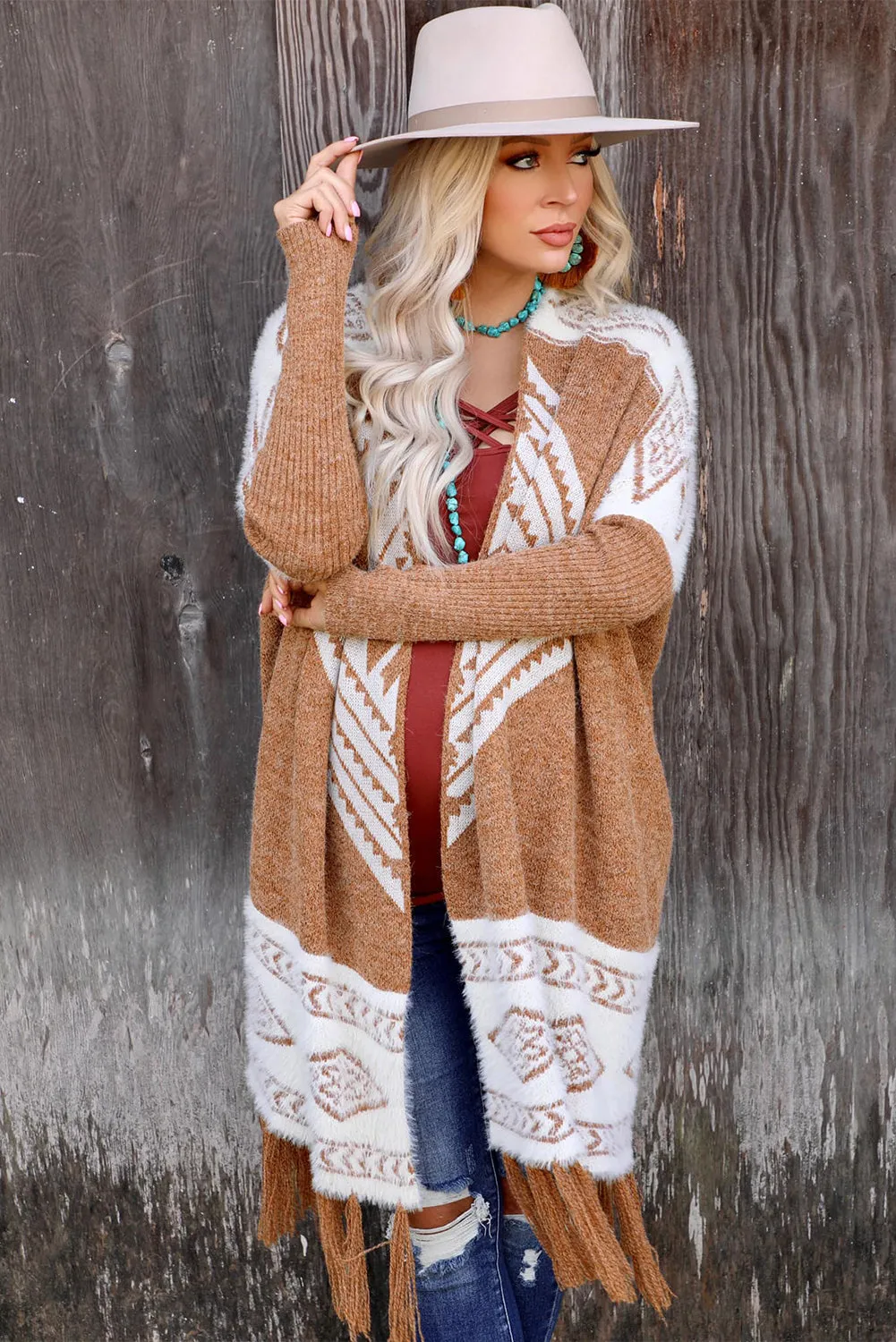 Brauner Farbblock Furry Strickfransen Saum Cardigan