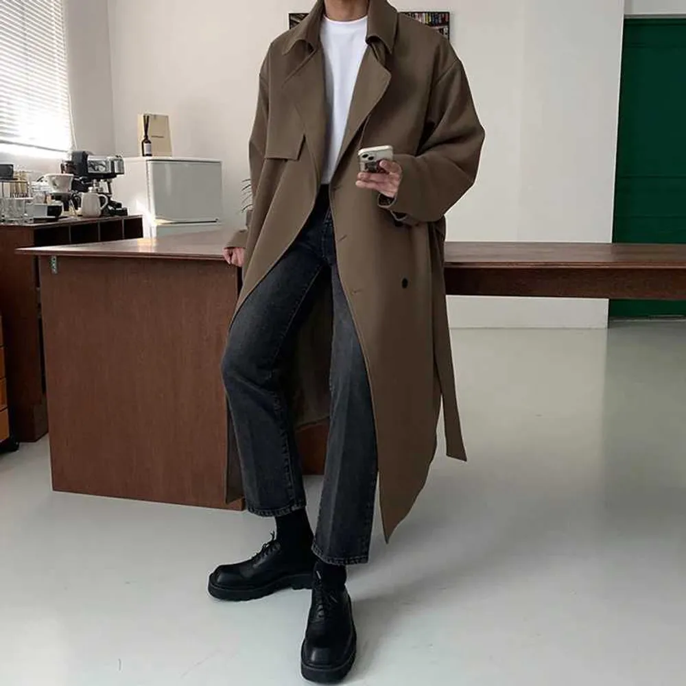 Herren Trench Coats IEFB Herbst Winter Mantel Herren mit mittlerer Länge koreanischer Mode losen Knie durch britische Graben mit