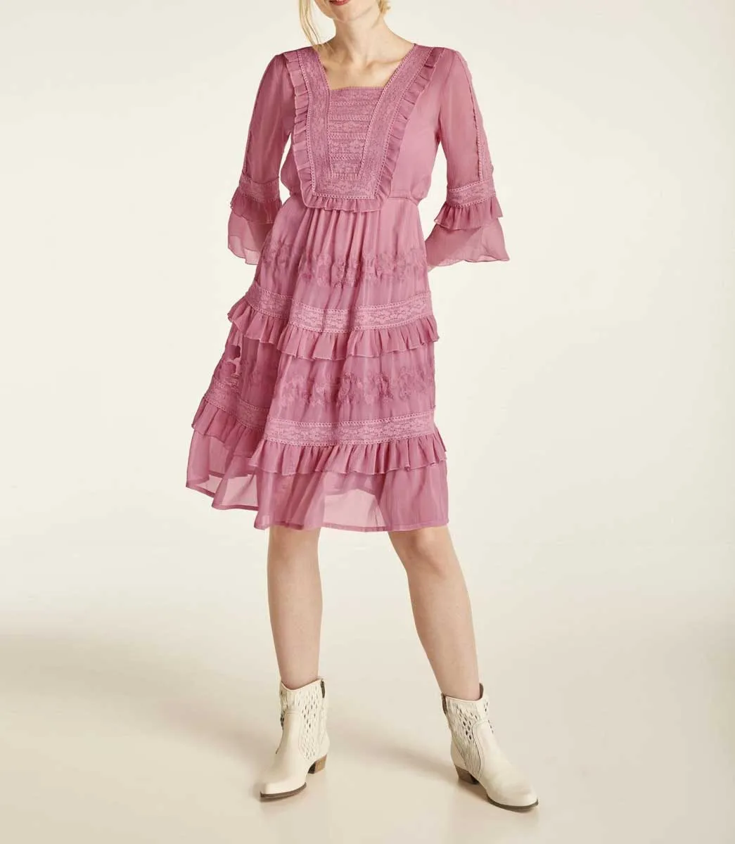 Kleid Minikleid Stufenkleid Volants rosa rose Spitze Spitzenkleid Herbstkleid