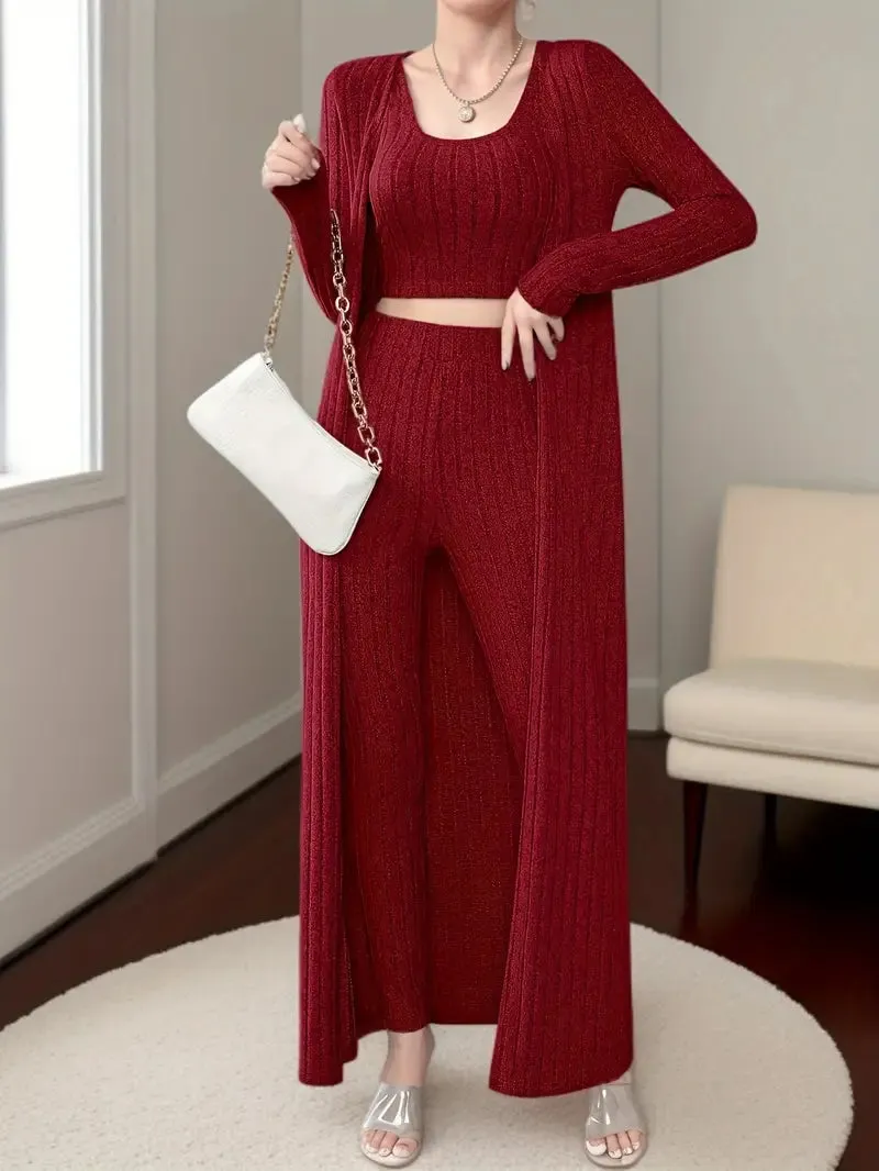 Saint Cantelle Set | 3-teiliges geripptes Set mit Crop-Top, Langarm-Cardigan und Hose mit hoher Taille für Damen