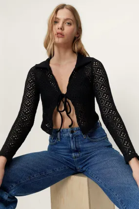 Seam Detail Tie Front Crochet Cardigan