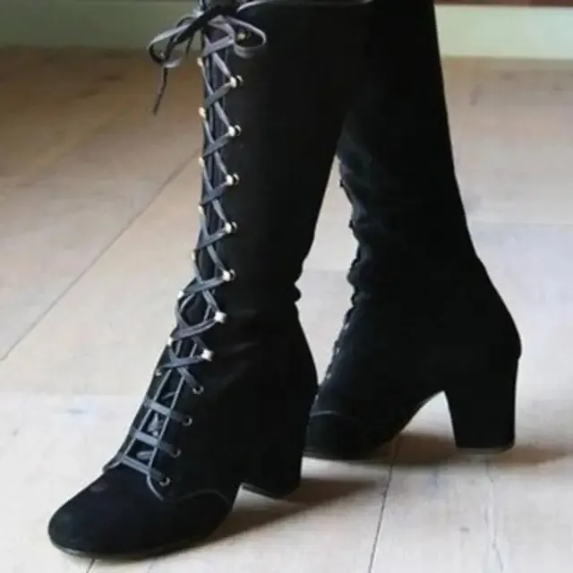 Sofia - Lässige Jahrgang Retro-Stiefel mit dicken Absätzen zum Schnüren